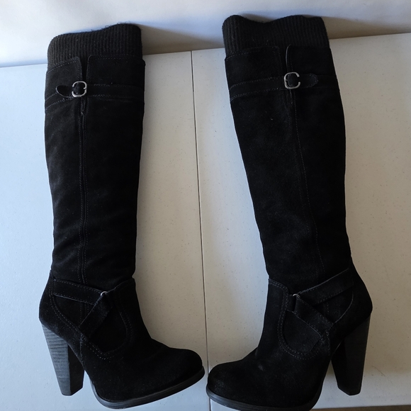 Seychelles Black Suede Knee-High Boots Size 8.5 Stacked Heel Side Zip Knit Cuff - Picture 4 of 14